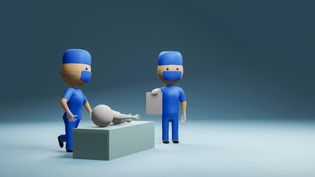 3D-Rendering Doktor Zeichentrickfigur behandelt den Patienten