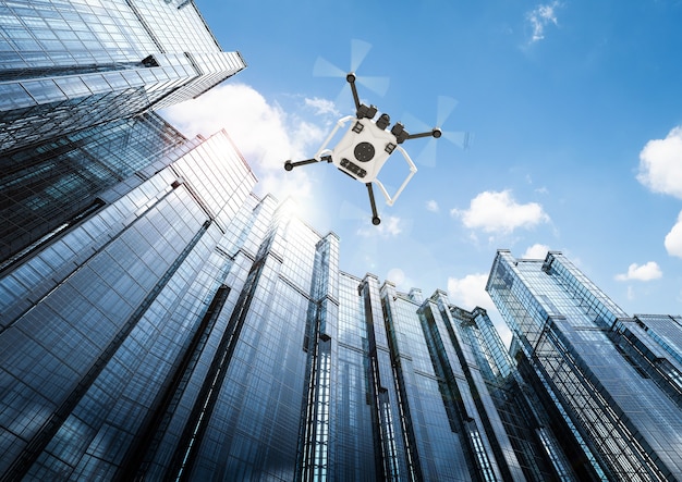 3D rendering drone volador con fondo de paisaje urbano