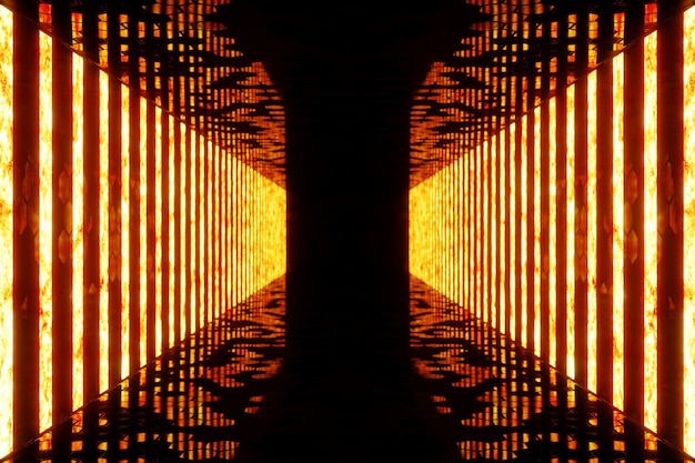 3D-Rendering dunkel Beleuchteter Korridor aus rotem Neonlicht. Elegantes futuristisches Neonlicht an der Wand.