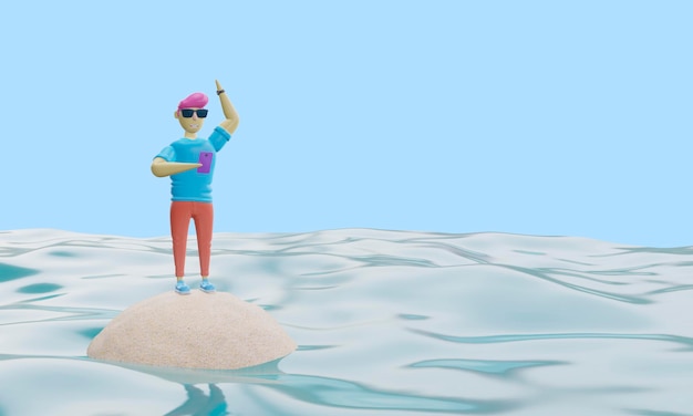 3D-Rendering Ein hässlicher Mann mit einem Telefon in der Hand steht auf einer kleinen Insel mitten im Ozean