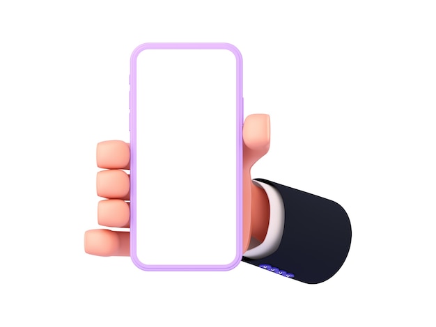 3d-rendering, eine cartoon-hand mit einem ärmel zeigt das telefon im hochformat