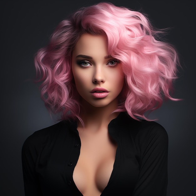 3D-Rendering Eine Frau mit rosa Haaren und einem schwarzen Top mit rosa Make-up