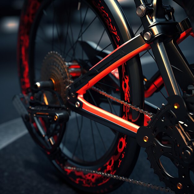 3D-Rendering Eine Nahaufnahme eines Fahrrads mit roter Bremse und Kohlenstofflenker