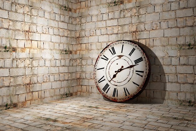 Foto 3d-rendering einer alten uhr an einer birck-wand