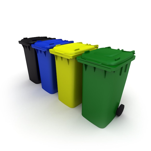 3D-Rendering einer Batterie von Mülltonnen in verschiedenen Farben