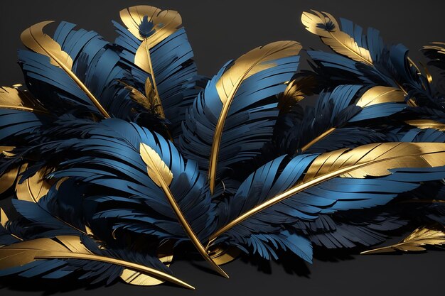 3D-Rendering einer blau-goldenen Feder mit schwarzem Hintergrund