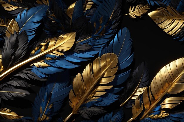 3D-Rendering einer blau-goldenen Feder mit schwarzem Hintergrund