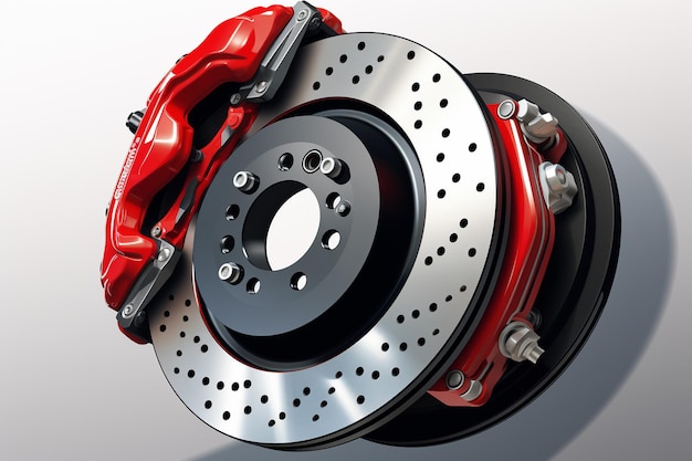 3D-Rendering einer Bremsscheibe mit roter Bremsanlage auf grauem Hintergrund