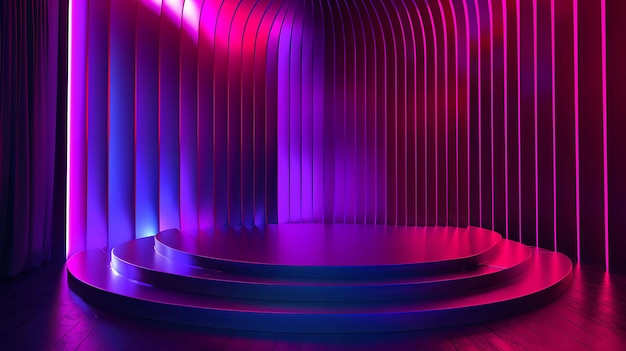 Foto 3d-rendering einer bühne mit einem podium in der mitte die bühne wird von rosa und blauen neonlichtern beleuchtet