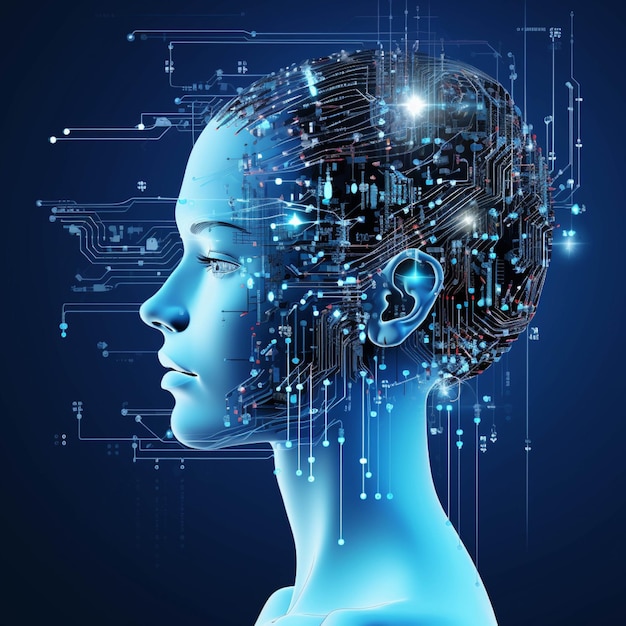 3D-Rendering einer Cyborg-Frau mit Schaltkreisbrain auf blauem Hintergrund
