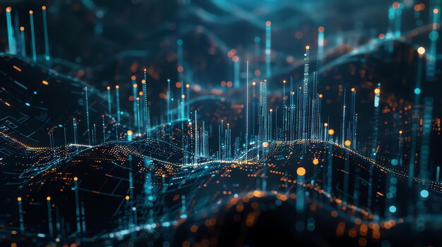 3D-Rendering einer digitalen Landschaft mit glühenden Partikeln Die Partikel bilden ein Stadtbild mit Wolkenkratzern und anderen Gebäuden