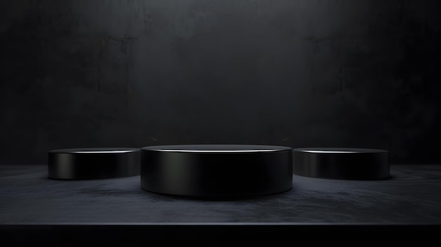 3D-Rendering einer dunklen und launischen Produktdarstellung Die drei schwarzen Zylinder sind auf einem dunklen Hintergrund mit einem auf sie schierenden Scheinwerfer angeordnet