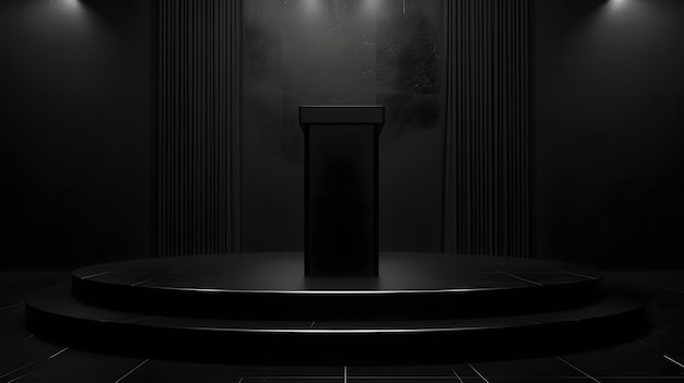 3D-Rendering einer dunklen und leeren Bühne mit einem Podium Das Podium besteht aus schwarzem Marmor und hat eine glänzende Oberfläche