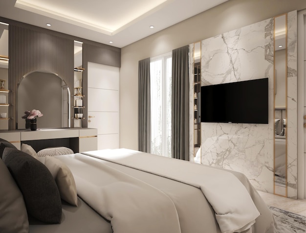 3D-Rendering einer exquisiten und hinreißenden Schlafzimmer-Innenarchitektur