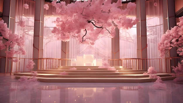 3D-Rendering einer Fantasy-Luxus-Abstrakten Hochzeitskulisse mit Podium und Blumen