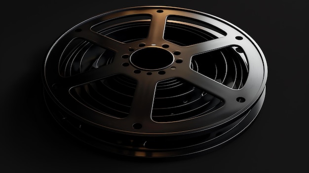 Foto 3d-rendering einer filmrolle auf schwarzem hintergrund die filmrolle besteht aus metall und hat eine glänzende oberfläche die rolle sitzt auf einer schwarzen oberfläche