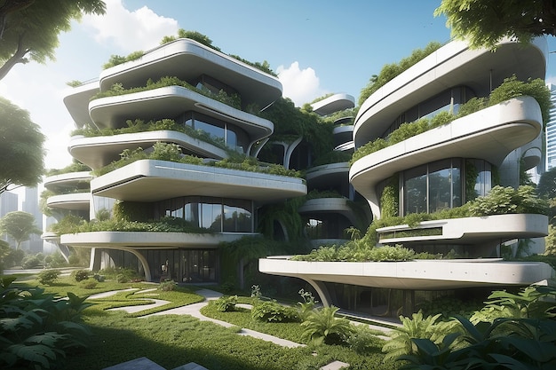 3D-Rendering einer futuristischen modernen Konstruktion mit Vegetation, die darauf wächst