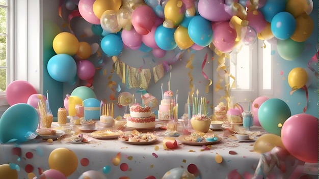 3D-Rendering einer Geburtstagsfeier mit Kuchenballons und Kerzen