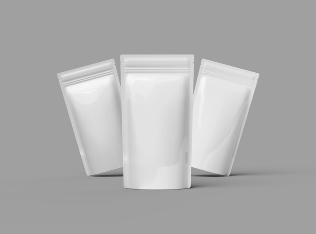 3D-Rendering einer glänzenden generischen schmalen Doypack-Verpackung mit einem Reißverschluss auf einem hellen Hintergrund