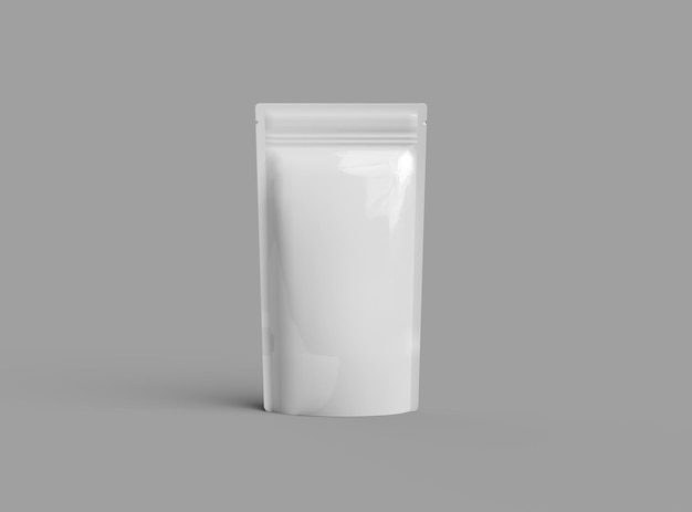 3D-Rendering einer glänzenden generischen schmalen Doypack-Verpackung mit einem Reißverschluss auf einem hellen Hintergrund
