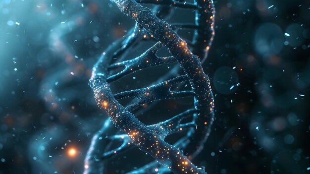 Foto 3d-rendering einer glühenden dna strukturkonzept des molekularen genomes der biochemie