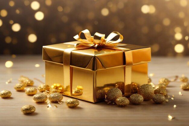 3D-Rendering einer goldenen Geschenkbox mit Bogen