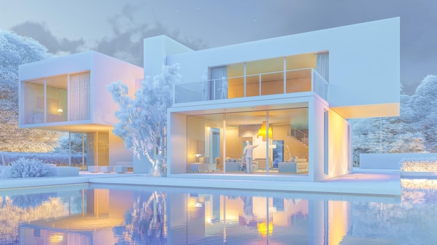 3D-Rendering einer großen modernen Villa mit beeindruckendem Garten und Pool mit Frozen-Effekt