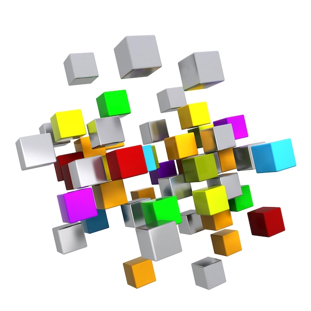 3D-Rendering einer Gruppe metallischer kubischer Formen in Chrom