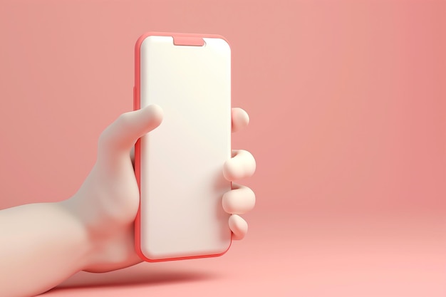 3D-Rendering einer Hand, die ein Telefon mit weißem Bildschirm hält Cartoon-Hand, die ein Smartphone-Mockup hält Minimalszene mit Gerät auf pastellfarbenem Hintergrund mit Kopierraum Bildschirm Telefonvorlage