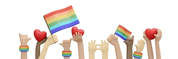 3D-Rendering einer Hand, die für das Pride-Parade-Konzept der Unterstützung protestiert und akzeptiert, dass LGBT-Menschen auf weißem Hintergrund Banner-Karte-Poster isolieren 3D-Render-Illustration Cartoon-Stil