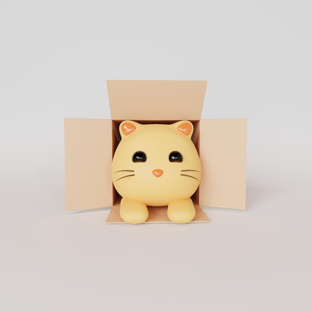 3D-Rendering einer Katze in einem Karton