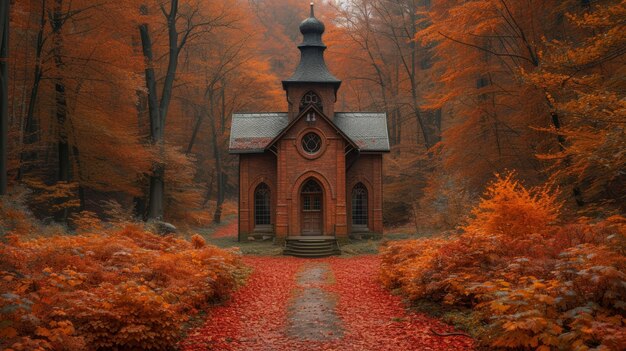 3D-Rendering einer Kirche im Herbstwald mit orangefarbenen Blättern Generative KI