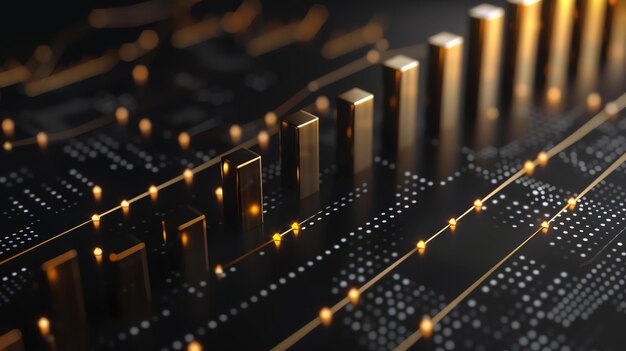 3D-Rendering einer Leiterplatte mit glühenden goldenen Elementen