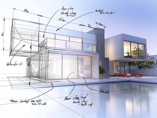 3D-Rendering einer luxuriösen Villa im Kontrast zu einem technischen Entwurfsteil