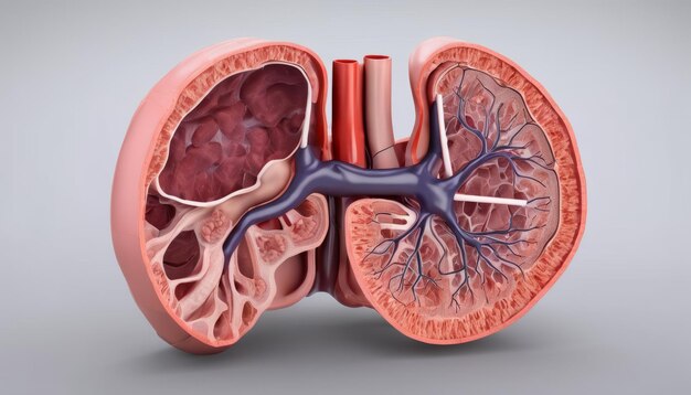 3D-Rendering einer menschlichen Niere mit detaillierter innerer Struktur