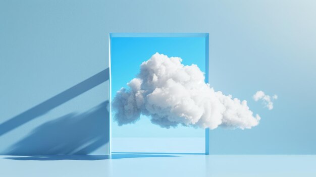 3D-Rendering einer minimalen blauen Wand, die von einer weißen Wolke reflektiert wird