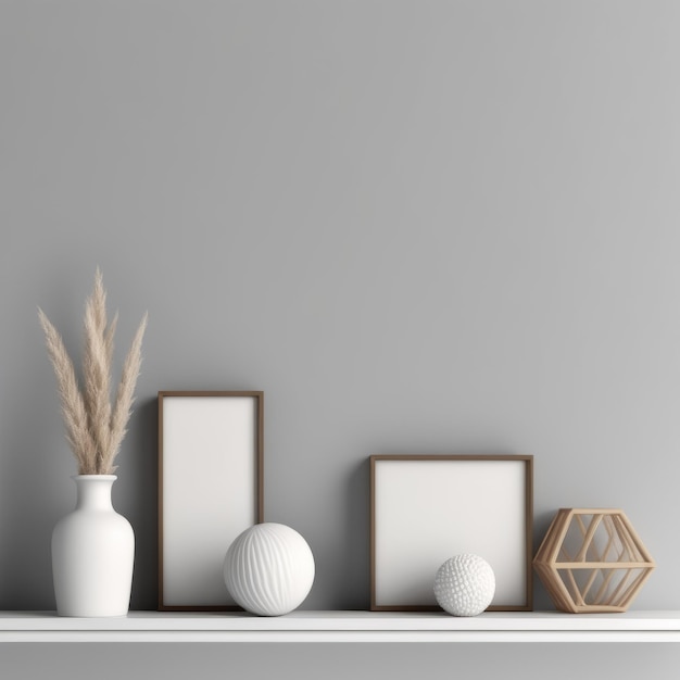 3D-Rendering einer minimalen weißen Wand mit modernen Möbeln im skandinavischen Stil 3D- Rendering einer minimalen weißen Wand
