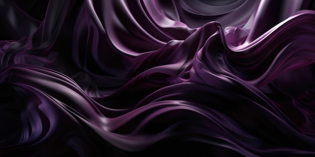 3D-Rendering einer modernen abstrakten Tapete mit kurvigen, dunkelrosa-violetten, durchscheinenden Filmkräuseln, Schichten und Falten. Modischer Hintergrund. Duftflasche mit ätherischen Kräuterölen und Blatt. Generative KI
