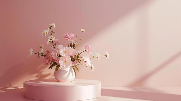 3D-Rendering einer rosa Vase mit einem Blumenstrauß auf einem rosa Podium gegen einen rosa Hintergrund