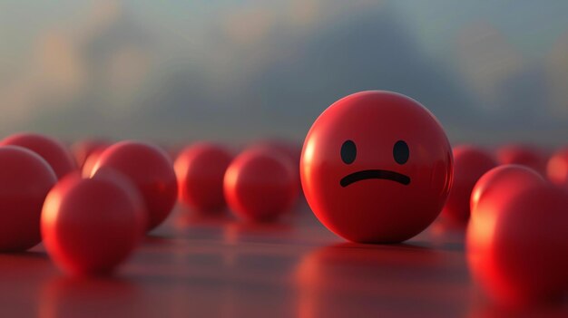 3D-Rendering einer roten Kugel mit einem traurigen Gesicht unter anderen roten Kugeln auf einer reflektierenden Oberfläche