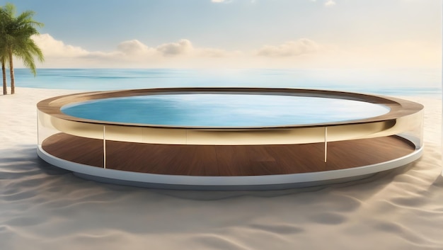 3D-Rendering einer runden Plattform auf Wasser und Sand mit Glaswandpaneelen