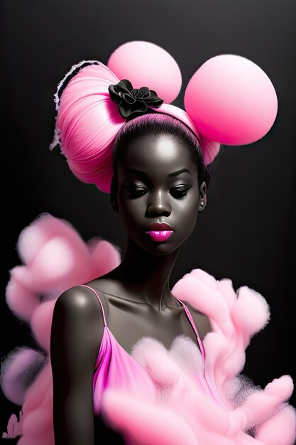 3D-Rendering einer schwarzen Frau mit rosa Haaren und rosa Ballons