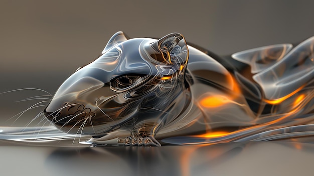 3D-Rendering einer silbergrauen Ratte aus flüssigem Metall