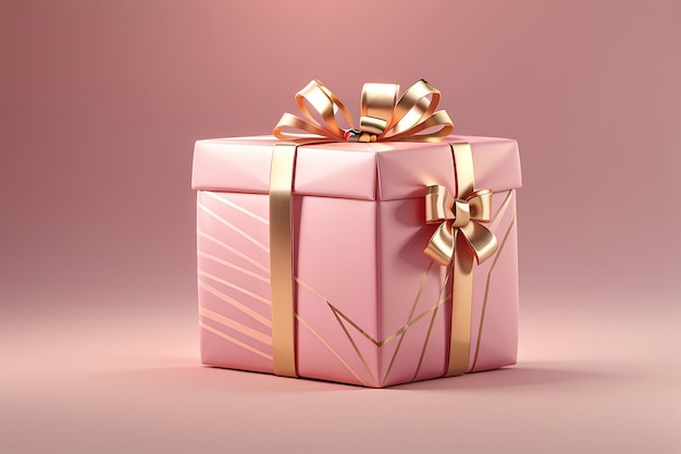 3D-Rendering einer verpackten Rosa-Gold-Geschenkkiste auf Hintergrundkonzept von Urlaubs- und Geburtstagsgeschenken