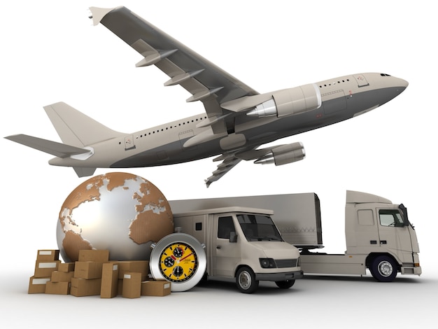 3D-Rendering einer Weltkarte, von Paketen, Chronometerwagen, Lastwagen und Flugzeugen