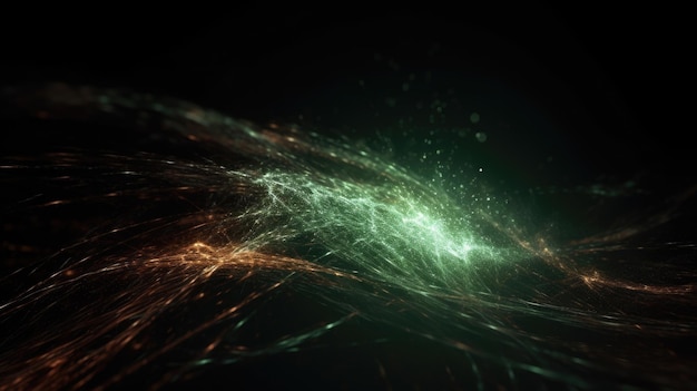 3D-Rendering eines abstrakten Strömungspartikel-Designhintergrunds mit grüner und oranger Farbe Generative AI AIG21