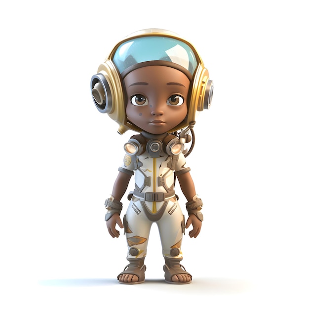 Foto 3d-rendering eines afroamerikanischen kleinen mädchens mit astronauten-kostüm