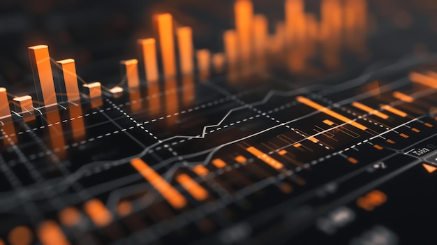 3D-Rendering eines Aktienmarktdiagramms Das Diagramm zeigt die Aktienpreise im Laufe der Zeit Das Diagram ist in einem dunkelblauen Farbschema mit orangefarbenen Akzenten