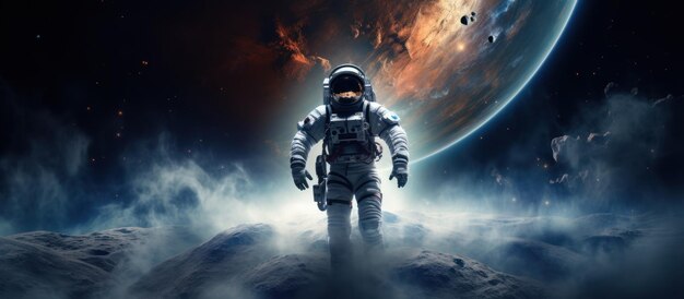 3D-Rendering eines Astronauten in der Erdumlaufbahn im Weltraum-Hintergrund, generiert von KI