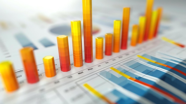 Foto 3d-rendering eines balkendiagramms die balken bestehen aus einem orange-gelben gradienten mit dem höchsten balken in der mitte